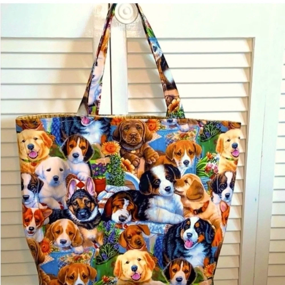Hand Crafted Colorful Dog Print Tote Bag All Purpose Carry Shoulder Purse